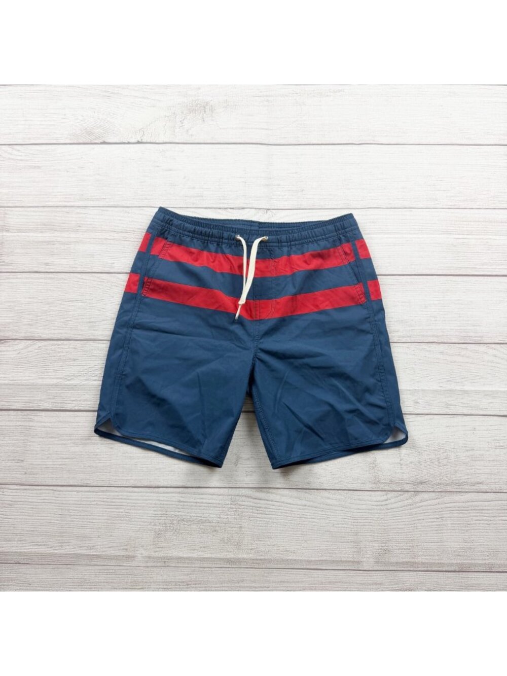 Fair Harbor Boys Swim Shorts Navy Red Stripes L